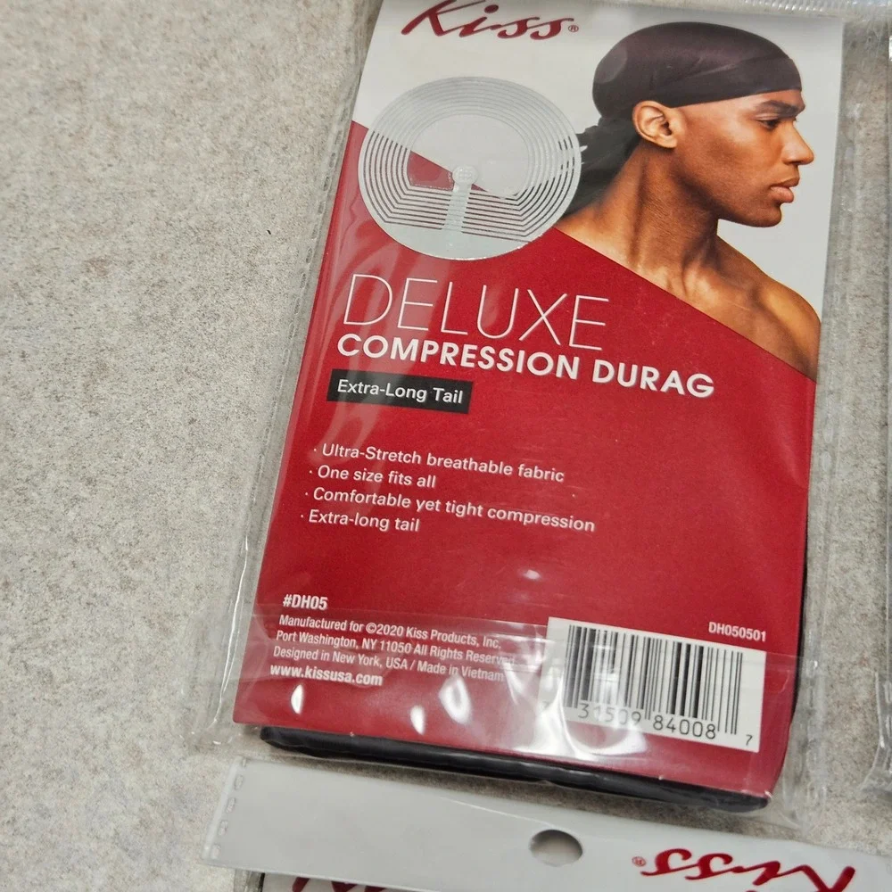 Kiss Compression Durag Men OS Black 4 Pack Silky Soft Extra Long Tail Wave Cap